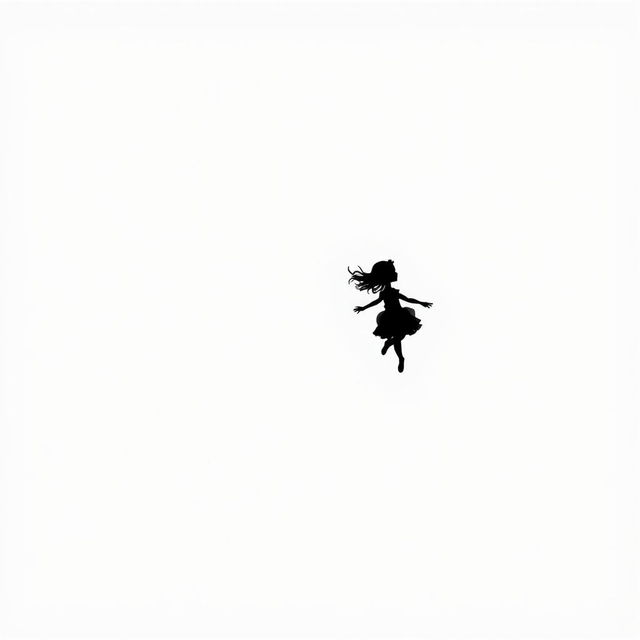 A tiny silhouette of a girl gracefully falling far away against a pure white background