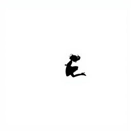 A tiny silhouette of a girl gracefully falling far away against a pure white background