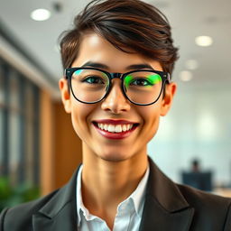 A smart person with striking green lenses, wearing stylish glasses and showcasing a beautiful smile