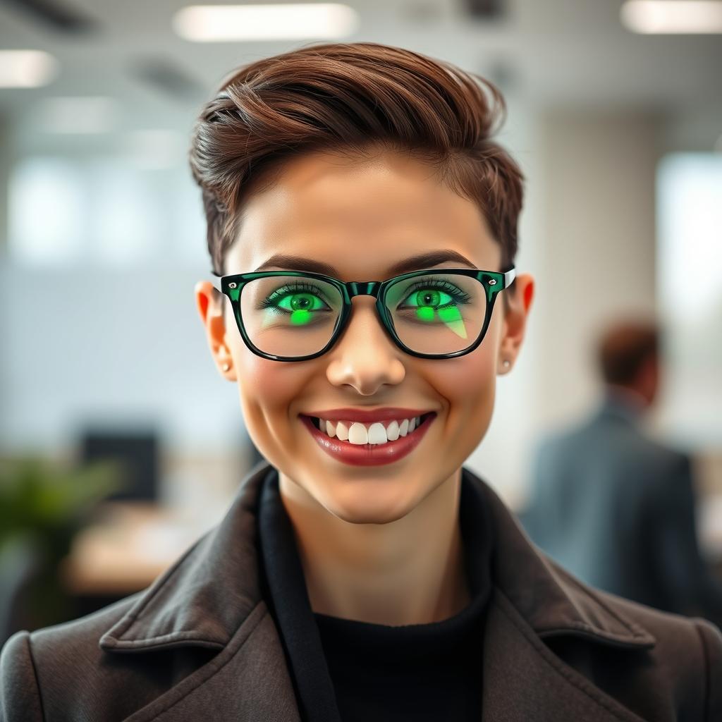 A smart person with striking green lenses, wearing stylish glasses and showcasing a beautiful smile