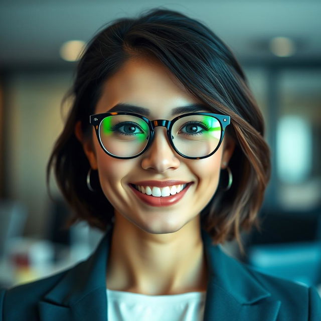 A smart person with striking green lenses, wearing stylish glasses and showcasing a beautiful smile