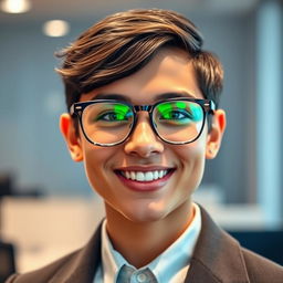 A smart person with striking green lenses, wearing stylish glasses and showcasing a beautiful smile