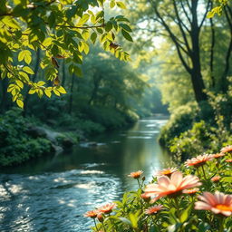 A visually engaging short video showcasing a serene nature scene, featuring a gentle flowing river surrounded by lush greenery, with soft sunlight filtering through the leaves