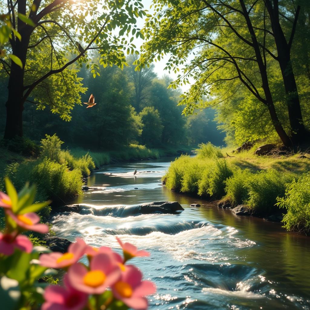 A visually engaging short video showcasing a serene nature scene, featuring a gentle flowing river surrounded by lush greenery, with soft sunlight filtering through the leaves