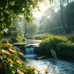 A visually engaging short video showcasing a serene nature scene, featuring a gentle flowing river surrounded by lush greenery, with soft sunlight filtering through the leaves