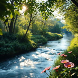 A visually engaging short video showcasing a serene nature scene, featuring a gentle flowing river surrounded by lush greenery, with soft sunlight filtering through the leaves