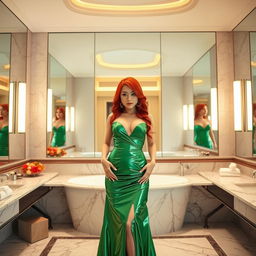 Yunjin of Lesserafim, showcasing vibrant red Fanta hair, stands confidently in a luxurious hotel suite bathroom