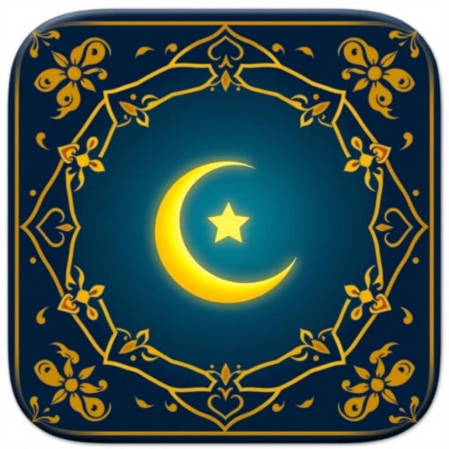 An elegant icon design for an Islamic channel, featuring a beautifully stylized crescent moon and star, surrounded by intricate geometric patterns reminiscent of Islamic art