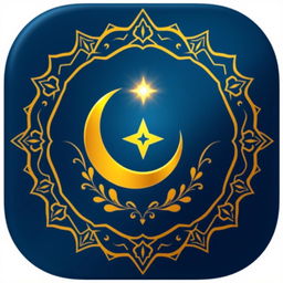 An elegant icon design for an Islamic channel, featuring a beautifully stylized crescent moon and star, surrounded by intricate geometric patterns reminiscent of Islamic art