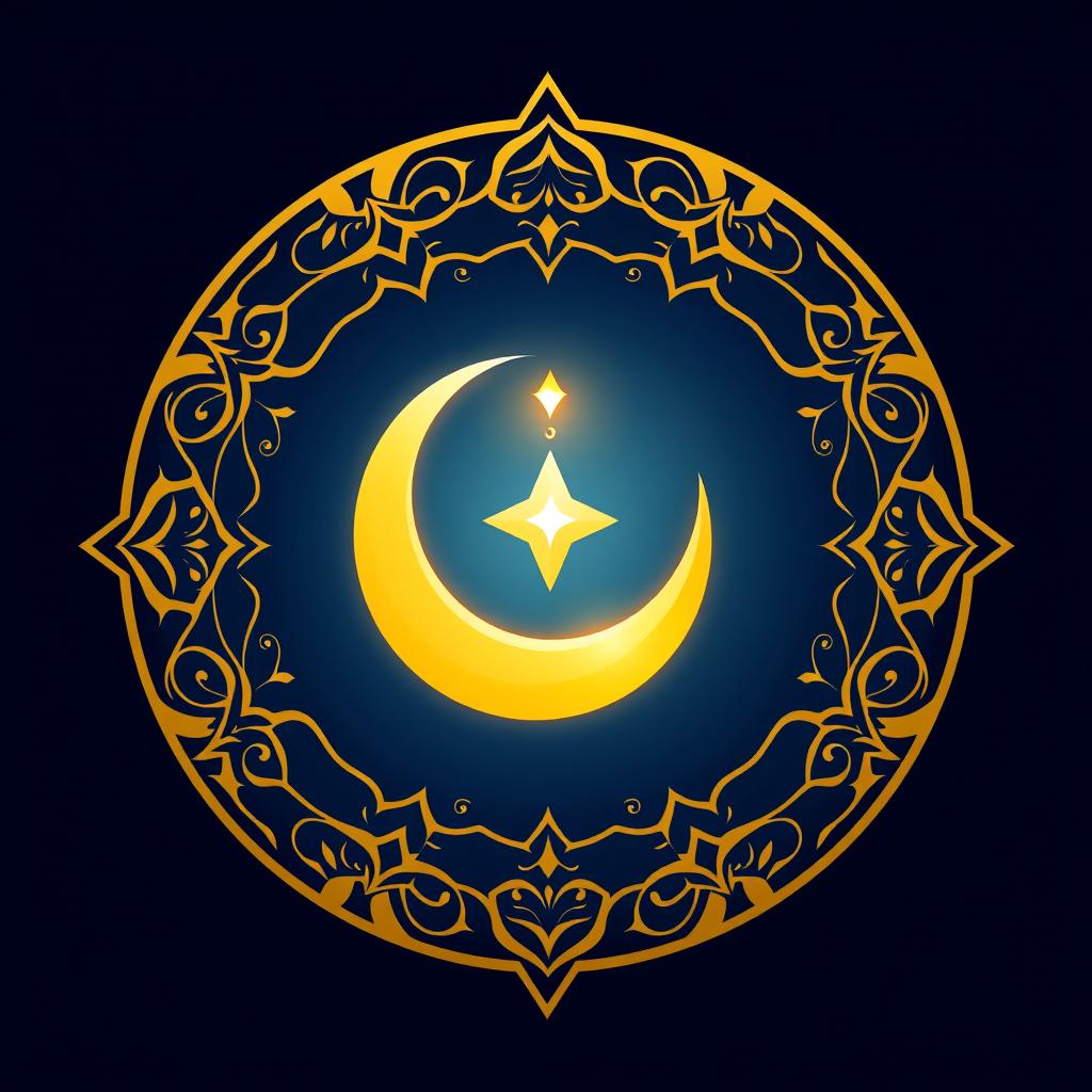 An elegant icon design for an Islamic channel, featuring a beautifully stylized crescent moon and star, surrounded by intricate geometric patterns reminiscent of Islamic art