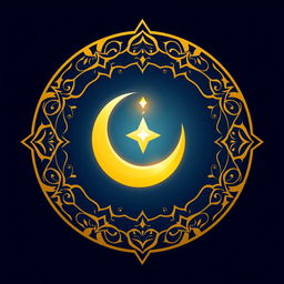 An elegant icon design for an Islamic channel, featuring a beautifully stylized crescent moon and star, surrounded by intricate geometric patterns reminiscent of Islamic art