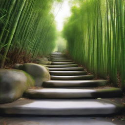 A hyper-realistic, high-quality photograph featuring a series of separate white stone tile steps, descending down a mountain trail surrounded by an overflowing growth of green bamboo