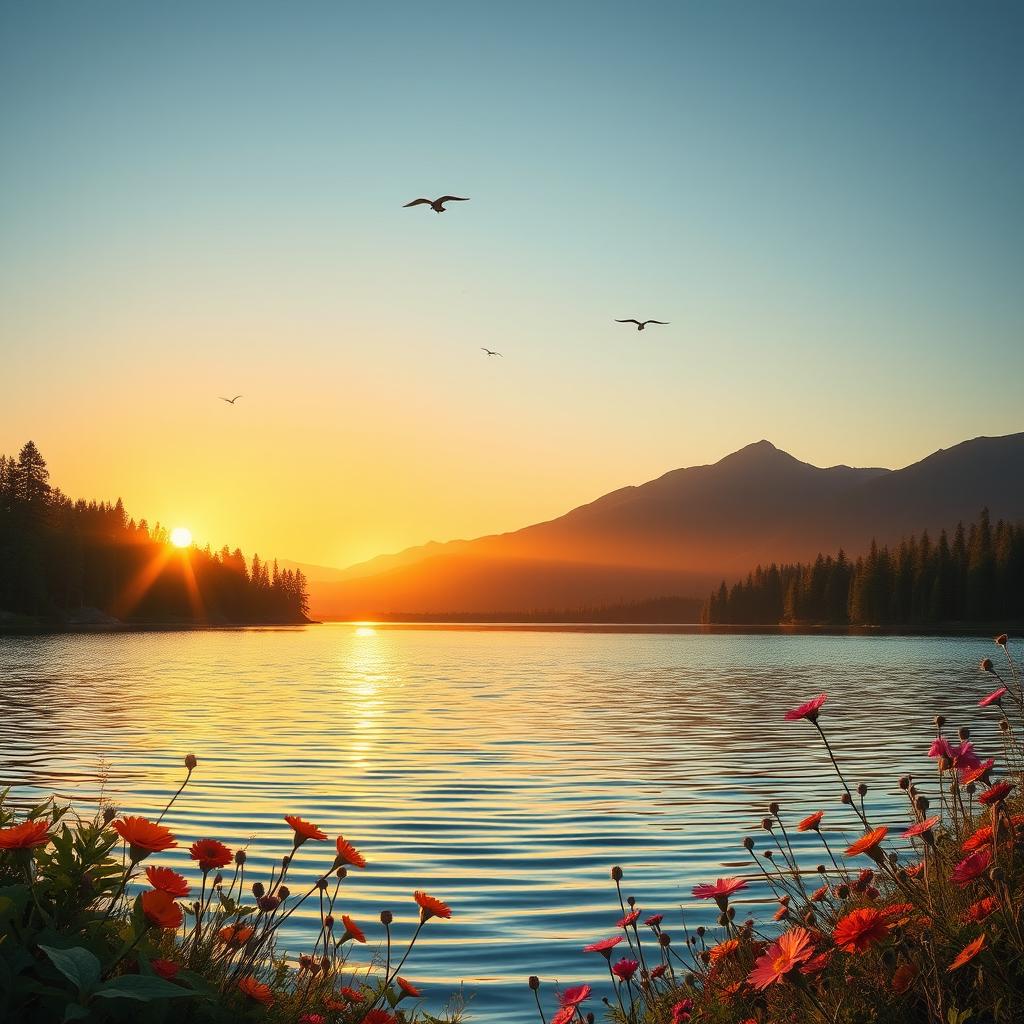 A serene landscape during the golden hour, featuring a tranquil lake surrounded by lush green forests and majestic mountains in the background