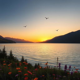 A serene landscape during the golden hour, featuring a tranquil lake surrounded by lush green forests and majestic mountains in the background