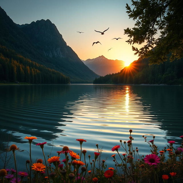 A serene landscape during the golden hour, featuring a tranquil lake surrounded by lush green forests and majestic mountains in the background