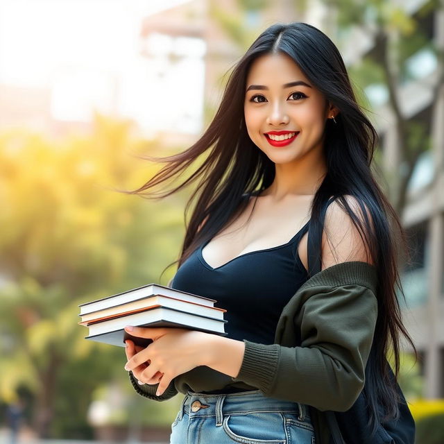 A beautiful South Korean female university student with large breasts, showcasing a youthful and confident demeanor
