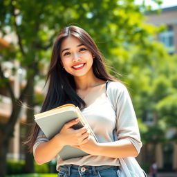 A beautiful South Korean female university student with large breasts, showcasing a youthful and confident demeanor