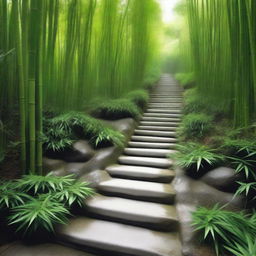 A hyper-realistic, high-quality photograph featuring a series of separate white stone tile steps, descending down a mountain trail surrounded by an overflowing growth of green bamboo