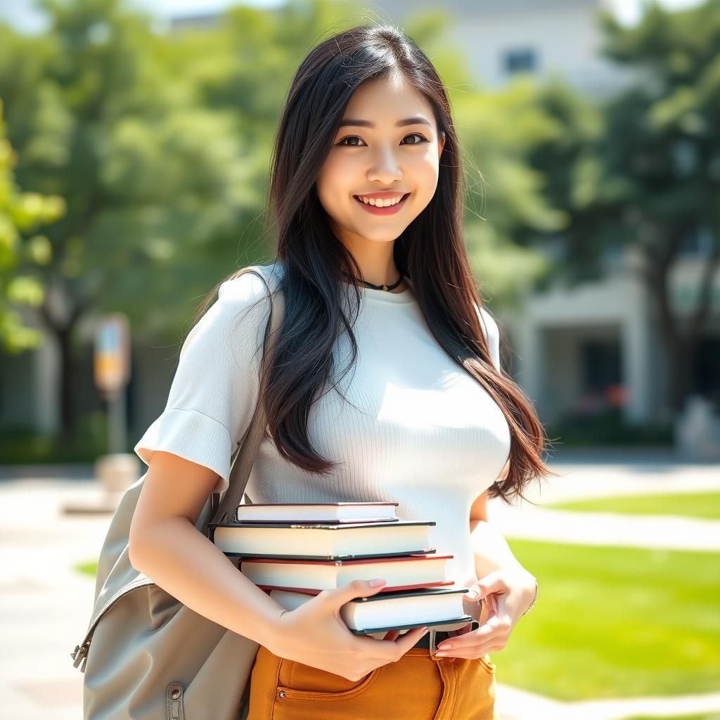 A beautiful South Korean female university student with large breasts, showcasing a youthful and confident demeanor