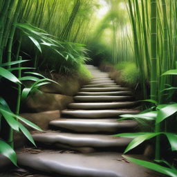 A hyper-realistic, high-quality photograph featuring a series of separate white stone tile steps, descending down a mountain trail surrounded by an overflowing growth of green bamboo