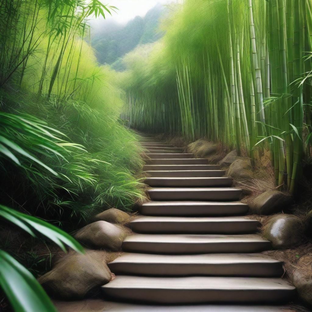 A hyper-realistic, high-quality photograph featuring a series of separate white stone tile steps, descending down a mountain trail surrounded by an overflowing growth of green bamboo