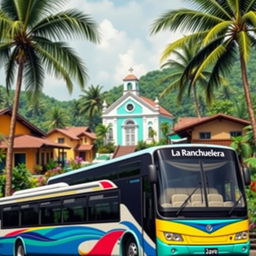 A small tropical rural village scene, featuring a central church with a charming design and colorful campesino houses surrounded by lush greenery