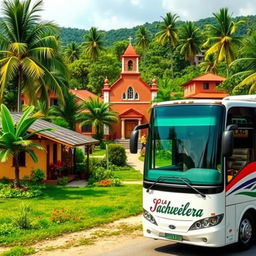 A small tropical rural village scene, featuring a central church with a charming design and colorful campesino houses surrounded by lush greenery