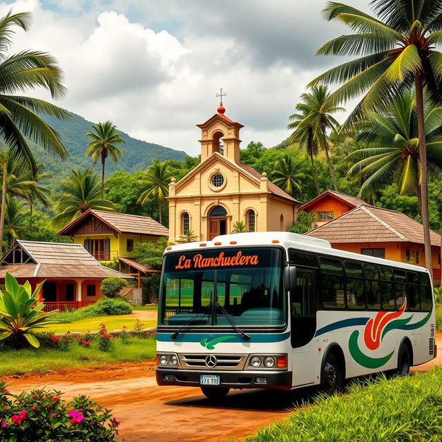 A small tropical rural village scene, featuring a central church with a charming design and colorful campesino houses surrounded by lush greenery