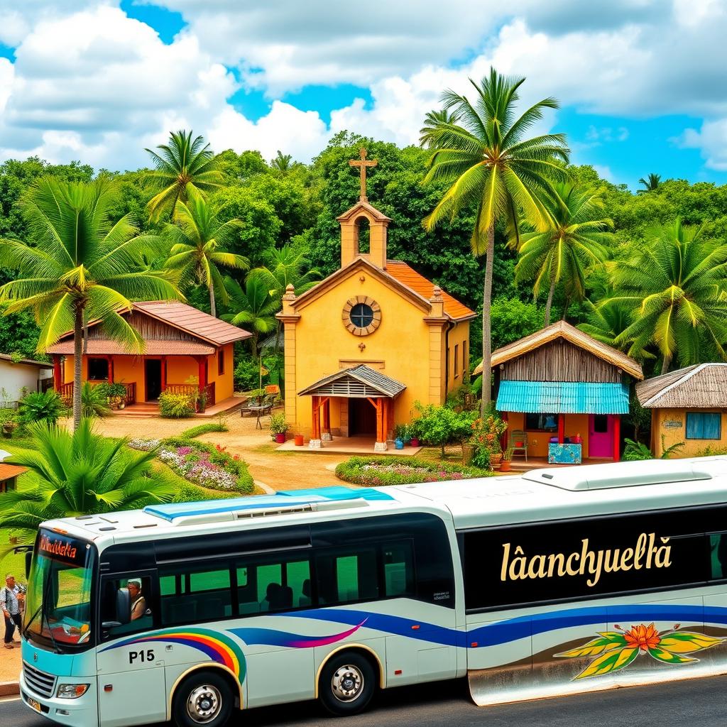 A small tropical rural village scene, featuring a central church with a charming design and colorful campesino houses surrounded by lush greenery
