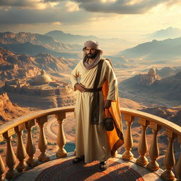 A powerful, authoritative figure standing on a grand balcony overlooking a vast landscape, symbolizing dominance over the Earth