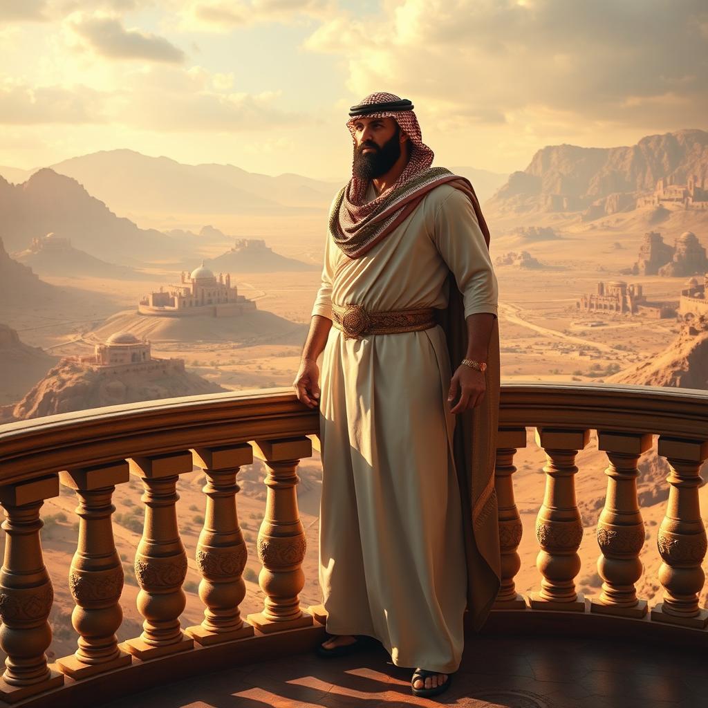 A powerful, authoritative figure standing on a grand balcony overlooking a vast landscape, symbolizing dominance over the Earth
