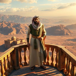 A powerful, authoritative figure standing on a grand balcony overlooking a vast landscape, symbolizing dominance over the Earth