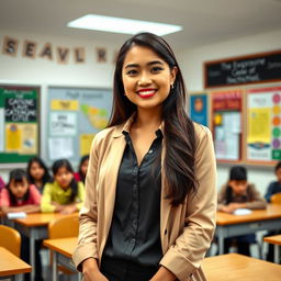 A beautiful woman of mixed Indonesian and European descent, standing confidently in a high school classroom