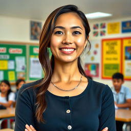 A beautiful woman of mixed Indonesian and European descent, standing confidently in a high school classroom