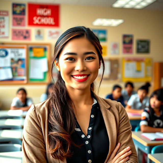 A beautiful woman of mixed Indonesian and European descent, standing confidently in a high school classroom