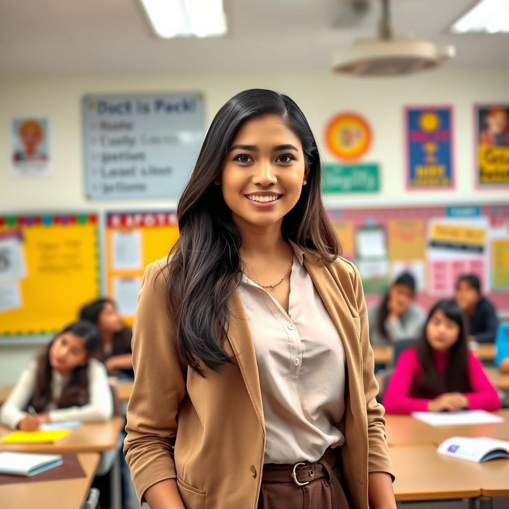 A beautiful woman of mixed Indonesian and European descent, standing confidently in a high school classroom