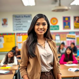 A beautiful woman of mixed Indonesian and European descent, standing confidently in a high school classroom