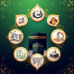 The Five Pillars of Islam represented as elegant and intricate symbols in an artistic composition