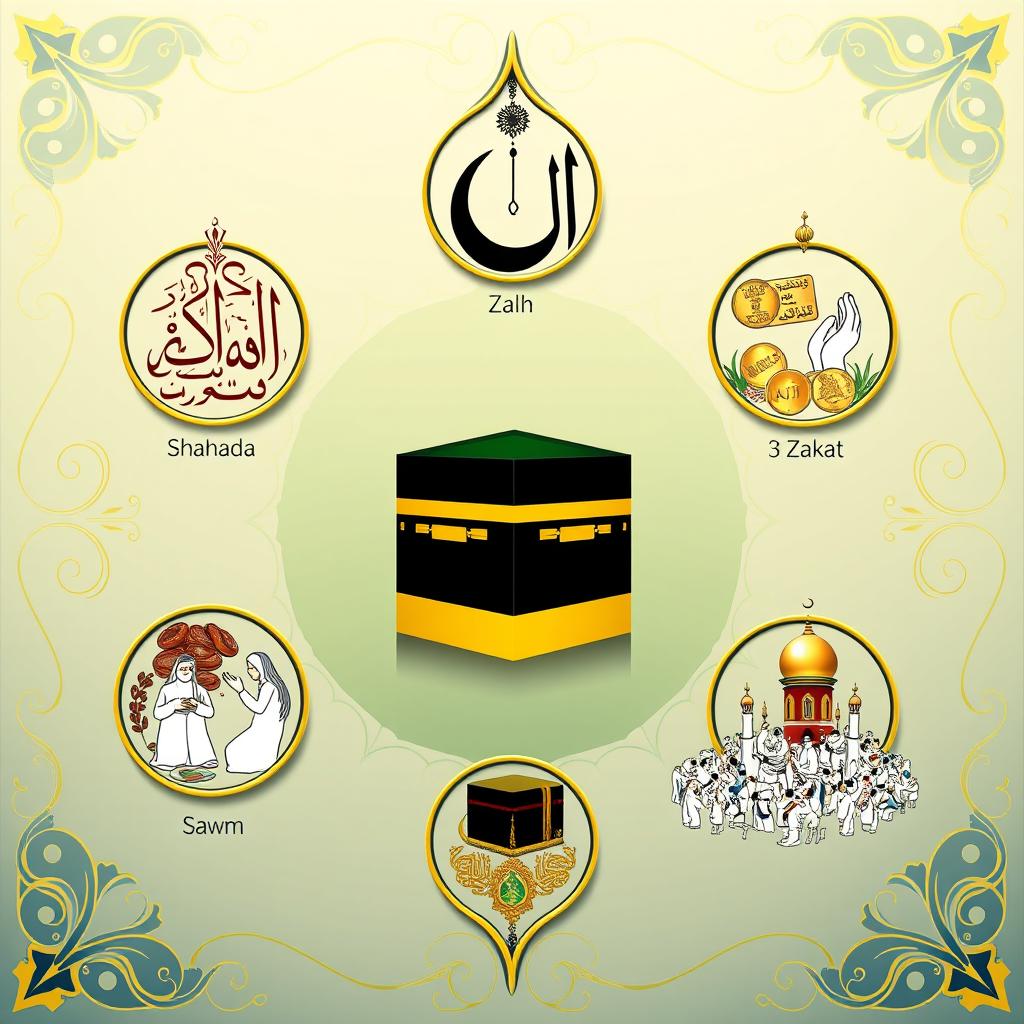 The Five Pillars of Islam represented as elegant and intricate symbols in an artistic composition