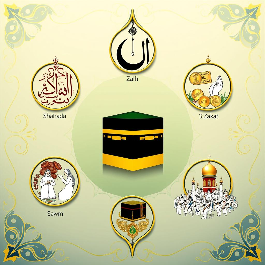 The Five Pillars of Islam represented as elegant and intricate symbols in an artistic composition