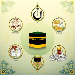 The Five Pillars of Islam represented as elegant and intricate symbols in an artistic composition