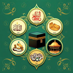 The Five Pillars of Islam represented as elegant and intricate symbols in an artistic composition