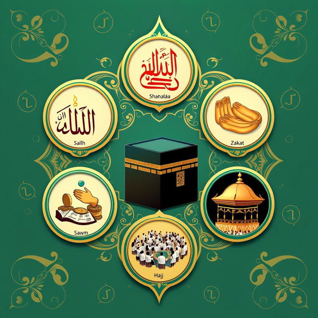 The Five Pillars of Islam represented as elegant and intricate symbols in an artistic composition