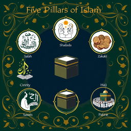 The Five Pillars of Islam represented as elegant and intricate symbols in an artistic composition