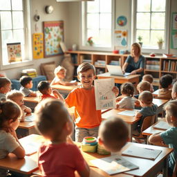 A serene morning scene in a cozy classroom filled with children