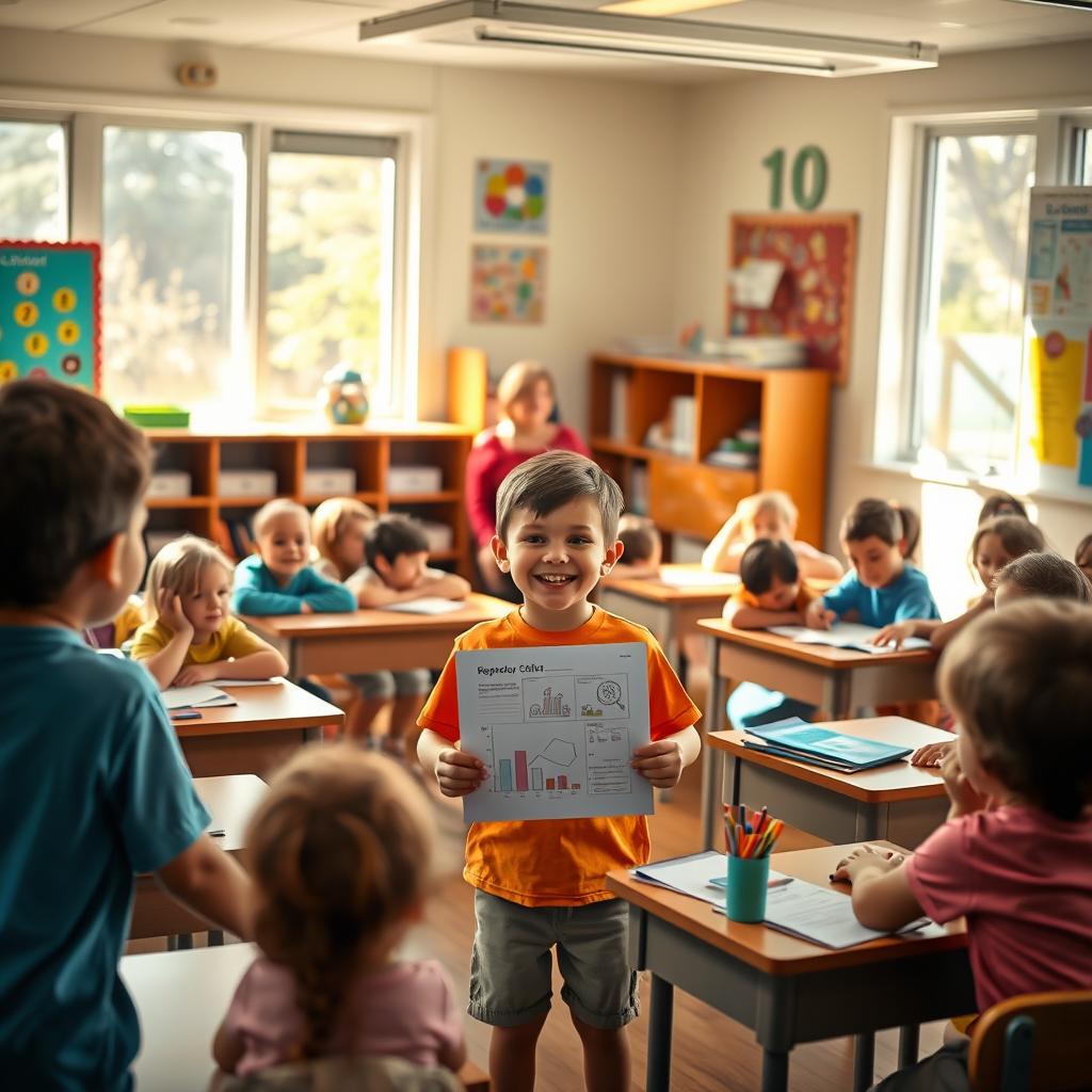 A serene morning scene in a cozy classroom filled with children