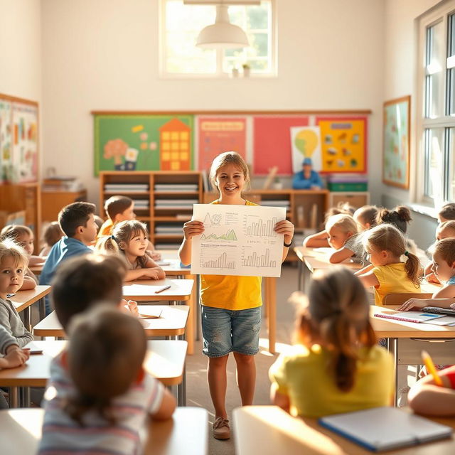 A serene morning scene in a cozy classroom filled with children