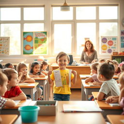A serene morning scene in a cozy classroom filled with children