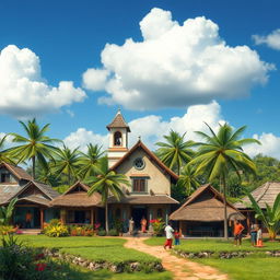 A small tropical rural village featuring a central church surrounded by traditional peasant houses