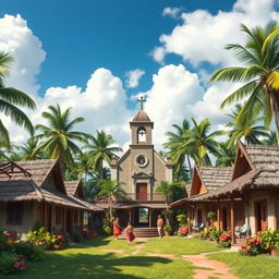 A small tropical rural village featuring a central church surrounded by traditional peasant houses